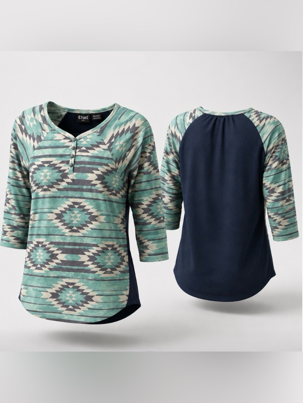 Cruel Girl Mint and Gray Aztec Henley Short Sleeve Top
